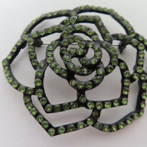 Green Rhinestone Open Work Rose Flower Pin Brooch Black Metal Vintage