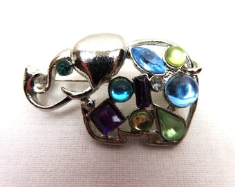 Multicolor Rhinestone Silver Tone Open Work Elephant Pin Brooch Colorful Vintage