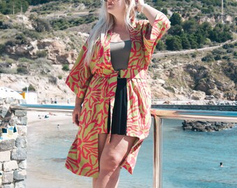 Cotton/Viscoce Kimono Feng Lime Green and Pink