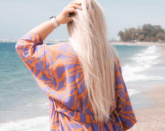 Cotton/Viscose Kimono Feng Purple and Orange