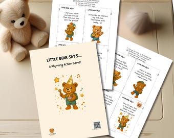 Afdrukbaar bewegingsspel Little Bear Says – actiekaarten op rijm voor kinderen | Peuteractiviteit pdf | Afdrukbare grove motoriek voor peuters