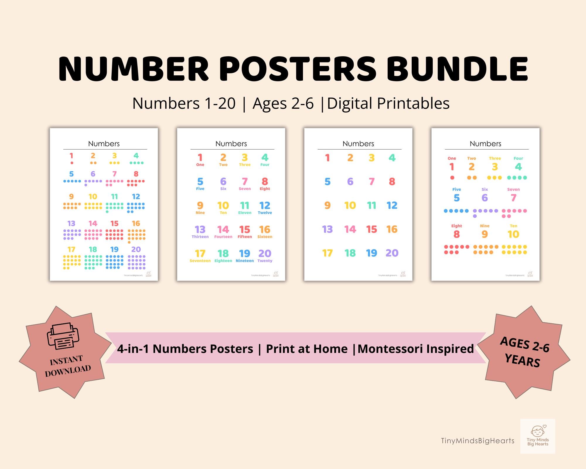 Rainbow Number Poster Bundle 1-20: Montessori Math Wall Art (Digital Download)
