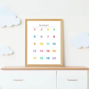 Póster de números arcoíris del 1 al 20 para niños / Tabla de conteo imprimible / Arte mural preescolar y Montessori