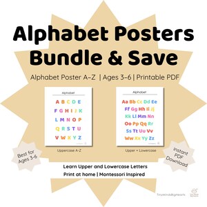 Paquete de pósteres del alfabeto para niños / Letras mayúsculas y minúsculas de la A a la Z / PDF imprimible Montessori para preescolar / Arte mural con el alfabeto arcoíris