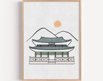 Korean Gyeongbokgung Palace Printable Wall Art - Minimalist Ink Asian Decor, Instant Download