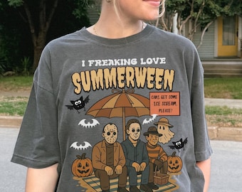 Comfort Colors® I Freaking Love Summerween, Killers Summer Vibes Shirt, Horror Characters Tee, Funny Horror Summer Shirt, Halloween Shirt