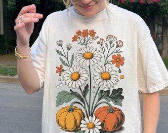 Camisa Boho Otoño Floral Comfort Colors®, Camiseta Retro Otoño, Camisa con Vibras Otoñales, Camiseta Gráfica de Temporada de Calabazas, Estética Vintage de Calabaza Otoño