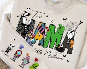 Sudadera personalizada de Halloween "A esta mamá le encantan sus pesadillas", camiseta de mamá o abuela espeluznante con nombres de niños, divertida camiseta personalizada para regalar a la familia.