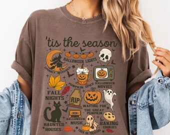 Camiseta vintage de Halloween Comfort Colors®, ¡Es la temporada! Estética retro de Halloween. Camiseta gráfica de calabaza y bruja de Halloween para mujer.