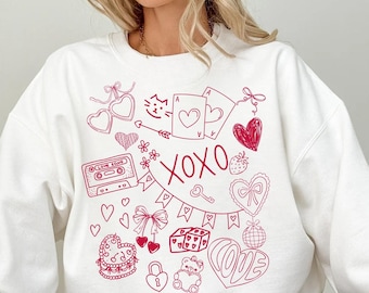 Sudadera con collage de garabatos de San Valentín, camiseta "Feliz día de San Valentín", sudadera "Amor", regalo de San Valentín para mujer, suéter "Mamá San Valentín", camiseta "Xoxo"