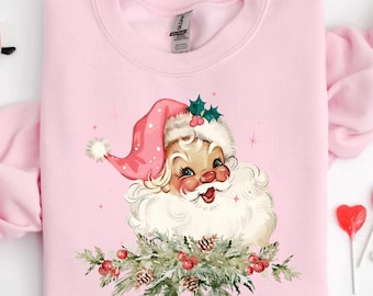 Camisetas navideñas retro de Papá Noel rosa, sudaderas para mujer, suéteres familiares a juego de Navidad rosa, cuello redondo navideño vintage rosa para fiestas grupales