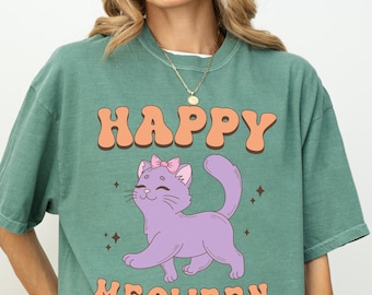 Camiseta de gato fantasma "Happy Meoween", colores cómodos, camiseta de fantasma de Halloween, camiseta de gato de temporada espeluznante, lindo atuendo de Halloween para mujer, regalo de Halloween