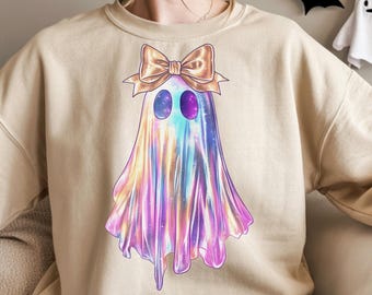 Shimmering Ghost SweatShirt, Iridescent Ghost Tee, Pastel Halloween Sweatshirt, Glittery Spooky Season Sweatshirt, Gift for her