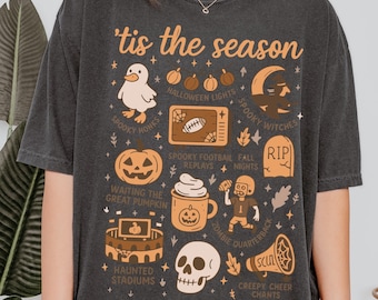 Camiseta vintage de Halloween Comfort Colors®, ¡Es la época! Estética retro de Halloween, camiseta gráfica de calabaza y bruja de Halloween para mujer, camiseta de regalo.