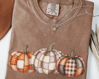 Camisa de calabaza Comfort Colors®, camiseta bohemia de calabaza otoñal, camiseta de calabaza con patchwork, camiseta otoñal bonita, camiseta de cosecha otoñal, camiseta de calabaza con parche