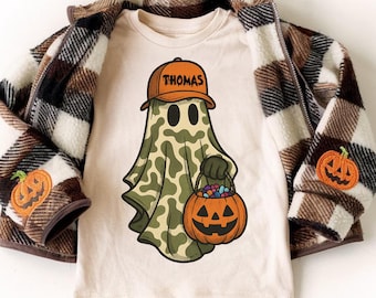 Camiseta personalizada de camuflaje fantasma, camiseta con nombre de Halloween, camiseta de Halloween para niños, sudadera de camuflaje fantasma, regalo de Halloween para niños