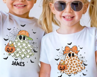 Camiseta de Halloween personalizada con nombre para niños, camiseta de calabaza fantasma de Halloween, camiseta de Halloween espeluznante para niños, lazo de calabaza de Halloween
