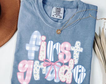 Comfort Colors® First Grade Teacher Shirt, Back to School 1st Grade Tee, Teacher Appreciation Gift, Cute Elementary School, Coquette Bow