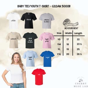 May include: A variety of Gildan 5000B baby and youth t-shirts in various colors, including white, black, gray, pink, blue, and red. The image includes a size chart with measurements in inches and the text "BABY TEE/YOUTH T-SHIRT - GILDAN 5000B".