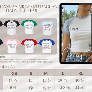 Puede incluir: Camiseta de beb&eacute; blanca y azul claro con mangas ragl&aacute;n. La imagen muestra varias combinaciones de colores, incluyendo blanco con mangas negras, verdes, rosas, rojas y azul marino. Las medidas se proporcionan en cm para las tallas XS a 2XL.