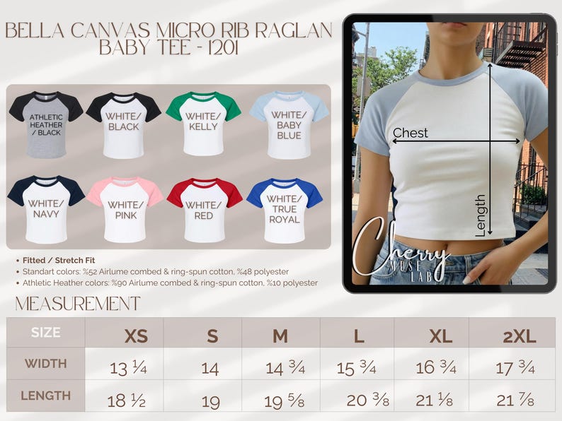 Puede incluir: Camiseta de beb&eacute; blanca y azul claro con mangas ragl&aacute;n. La imagen muestra varias combinaciones de colores, incluyendo blanco con mangas negras, verdes, rosas, rojas y azul marino. Las medidas se proporcionan en cm para las tallas XS a 2XL.