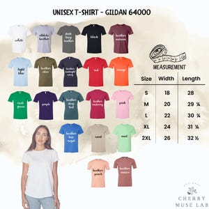 May include: A variety of Gildan 64000 unisex t-shirts in various colors, including white, black, and heather gray. The image includes a size chart with measurements in inches for width and length. The text "UNISEX T-SHIRT - GILDAN 64000" is at the top.