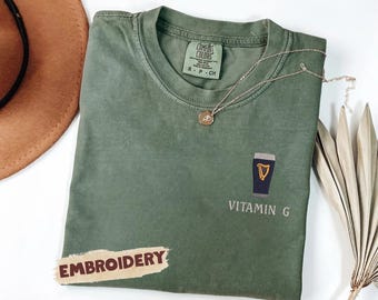 Vitamin G Guinness Beer Comfort Colors® T-Shirt, Funny Embroidered Beer Shirt, St. Patrick’s Day Gift, Irish Pub Party Tee Beer Lovers