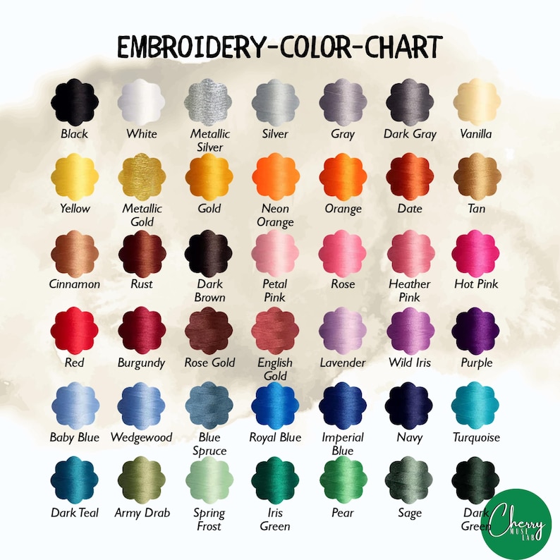 May include: An embroidery color chart with a variety of thread colors. The chart includes colors such as black, white, silver, gold, orange, pink, red, blue, green, and purple. The text "EMBROIDERY-COLOR-CHART" is at the top.