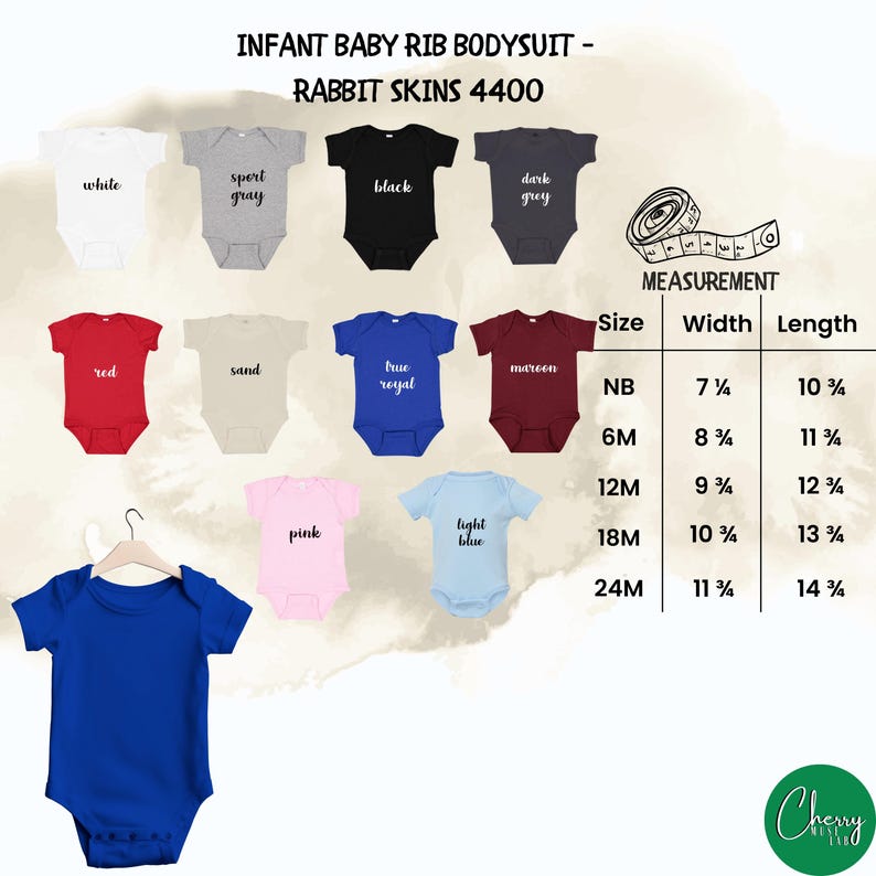 May include: A collection of infant baby rib bodysuits in various colors, including white, gray, black, red, and blue. The image includes a size chart with measurements in inches and the text "INFANT BABY RIB BODYSUIT - RABBIT SKINS 4400".