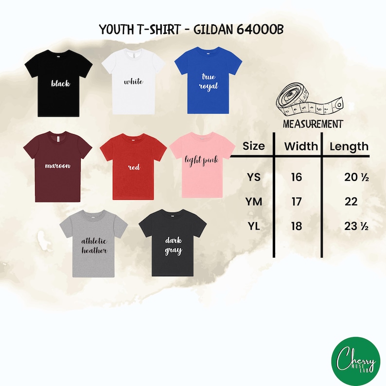 May include: A selection of youth t-shirts in various colors, including black, white, and red. Each shirt has a different color name printed on it. Measurements are provided for width and length in inches for sizes YS, YM, and YL.