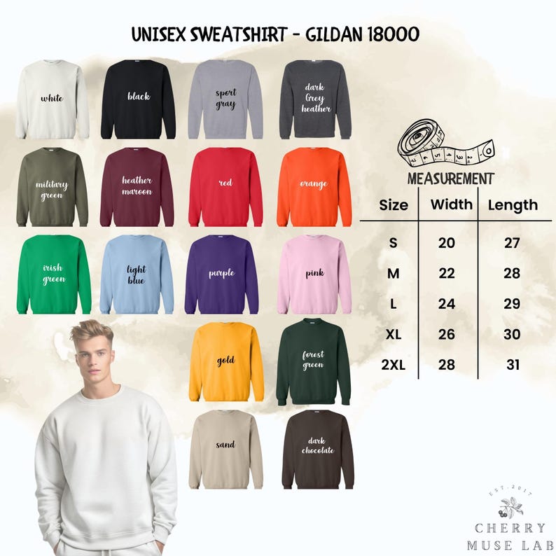 May include: A selection of Gildan 18000 unisex sweatshirts in various colors, including white, black, red, and purple. The image also includes a size chart with measurements in inches for width and length.