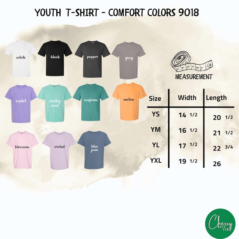 May include: A display of youth t-shirts in various colors, including white, black, and blue jean. The image includes a size chart with measurements in inches and the text "YOUTH T-SHIRT - COMFORT COLORS 9018".