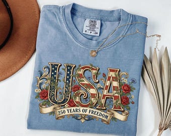 Camiseta retro Comfort Colors® Usa 250, camiseta del Día de la Independencia, camiseta para celebrar el 250.º aniversario, camiseta con la bandera de EE. UU., camiseta del 4 de julio, regalo patriótico