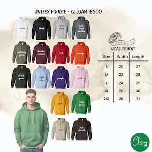 Puede incluir: Una selecci&oacute;n de sudaderas con capucha unisex Gildan 18500 en varios colores, incluyendo blanco, negro y rojo. Una tabla de medidas muestra tallas de S a 2XL, con anchos de 50.8 a 71.1 cm y largos de 68.6 a 78.7 cm.