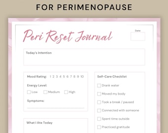 May include: A printable PDF journal for perimenopause, featuring a pink floral design. The journal includes sections for daily intentions, mood ratings, energy levels, symptoms, and a self-care checklist. The text reads "7-DAY RESET JOURNAL FOR PERIMENOPAUSE".