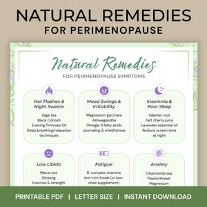 Op de afbeelding: Een afdrukbare PDF-grafiek met de titel "Natuurlijke remedies voor de perimenopauze" met remedies voor opvliegers, stemmingswisselingen, slapeloosheid, laag libido, vermoeidheid en angst. De grafiek heeft een lichtgroene rand.