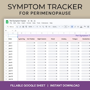 Menopause Symptoms Tracker - Fillable Google Sheet, Perimenopause Journal for Symptom Logging & Wellness Monitoring