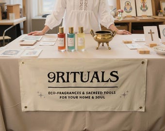 May include: A table display featuring three fragrance bottles with gold lids and a brass incense burner. A banner reads "9RITUALS" with the tagline "ECO-FRAGRANCES & SACRED TOOLS FOR YOUR HOME & SOUL". The bottles are in shades of orange, blue, and yellow.