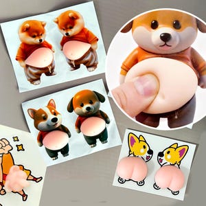 Könnte beinhalten: Eine Sammlung von Aufklebern mit Hunde-Motiven und ein Stressball. Die Aufkleber zeigen Zeichentrickhunde mit orangefarbenem, braunem und weißem Fell, die rote oder orangefarbene Hemden und braune Hosen tragen. Der Stressball ist ein Hund mit einem großen Bauch.