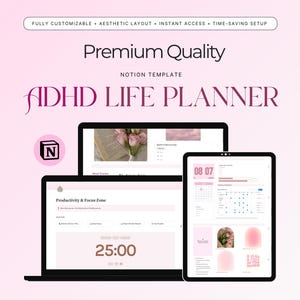 Pastel Pink ADHD Notion Life Planner Template | Aesthetic Digital Organizer for Focus, Productivity, Habits & Goals (Instant Download)