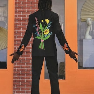 Men Black 2Pc Bespoke Floral Embroidered Nudie Western Cowboy Prom Outfit