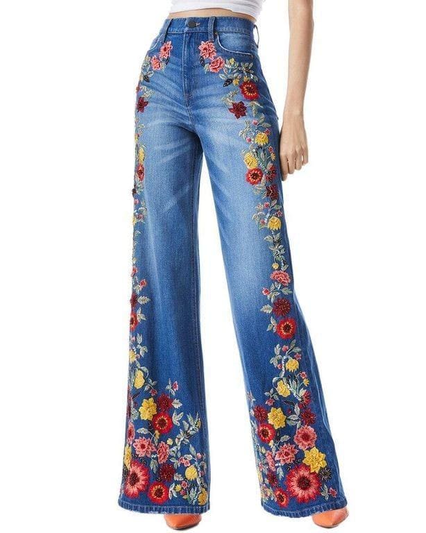 Embroidered Flare Jeans for Women – Retro High Waist Boho Denim Pants, Floral Embellished Wide Leg Jeans, Casual Chic 70s Style Bell Bottoms