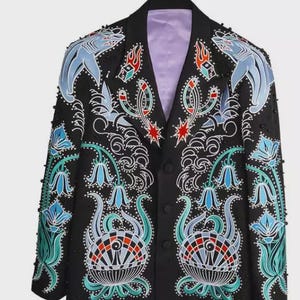Men Black2Pc Bespoke Oceantheme Embroidered Nudie Western cowboy Cocktail Outfit