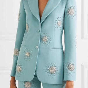 Women Customized Blue 2Pc Suits Silver Embellished Suits Bride & Bridesmaid Suits Cocktail Attire Suits for Women Semi Formal Dress Suits