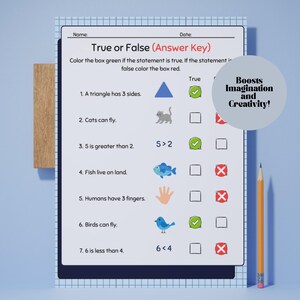 K&ouml;nnte beinhalten: Ein Arbeitsblatt mit einem "Richtig oder Falsch"-Quiz, das Fragen mit Illustrationen eines Dreiecks, einer Katze, eines Fisches, einer Hand und eines Vogels enth&auml;lt. Der Text lautet "Richtig oder Falsch (Antwortschl&uuml;ssel)" und "F&ouml;rdert Fantasie und Kreativit&auml;t!" Rechts ist ein Bleistift.