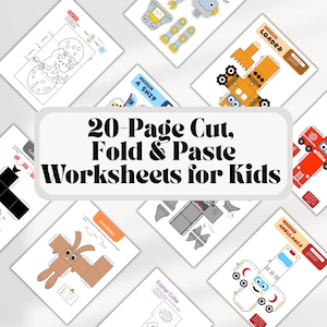 Könnte beinhalten: Eine Sammlung von 20-seitigen Arbeitsblättern zum Schneiden, Falten und Kleben für Kinder. Die Arbeitsblätter zeigen verschiedene Designs, darunter ein Schiff, ein Lader, ein Krankenwagen und Osterformen. Der Text "20-Page Cut, Fold & Paste Worksheets for Kids" ist deutlich sichtbar.