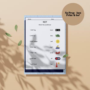 K&ouml;nnte beinhalten: Ein Arbeitsblatt mit dem Titel &bdquo;NOT Match the conditions!&ldquo; mit sieben Gegensatzpaaren. Das Arbeitsblatt enth&auml;lt Illustrationen einer Schildkr&ouml;te, eines traurigen Gesichts, einer Nachtszene, einer Ameise und eines Thermometers. Der Text &bdquo;No Prep - Just Print & Go!&ldquo; befindet sich in einem Kreis.