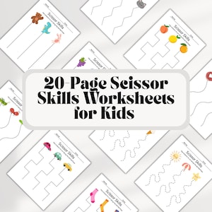 May include: A collection of 20-page scissor skills worksheets for kids. Each white page features a different image and dotted lines for cutting practice. Images include a bear, dinosaur, car, fruit, and more. The title "20-Page Scissor Skills Worksheets for Kids" is displayed in the center.