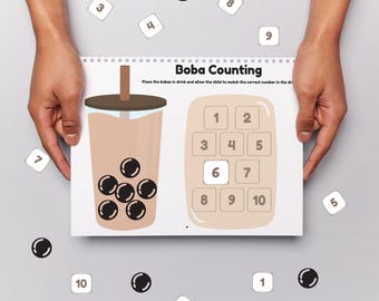 Boba Counting Printable Preschool Math Activity Cut & Paste Game Number Recognition Montessori Center Toddler Learning