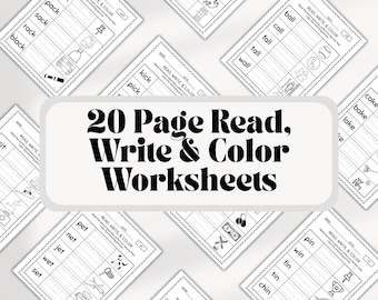 20-Page Read Write & Color Worksheets | Short Vowel Word Families Phonics Practice for Kids